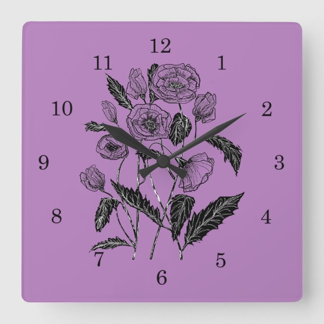 Poppies Wall Clock - Choose Colour - Purple (Front)