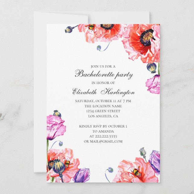 Poppies. Watercolor red floral bachelorette party Invitation (Front)