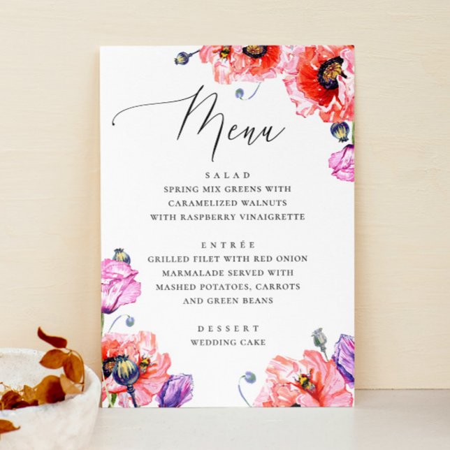 Poppies. Watercolor red floral script wedding Menu (Creator Uploaded)