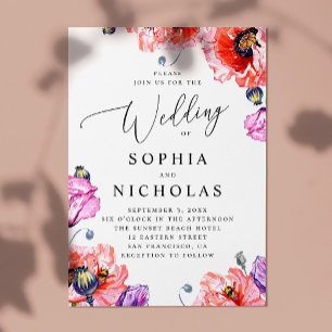 Poppies. Watercolor red floral wedding + QR code Invitation