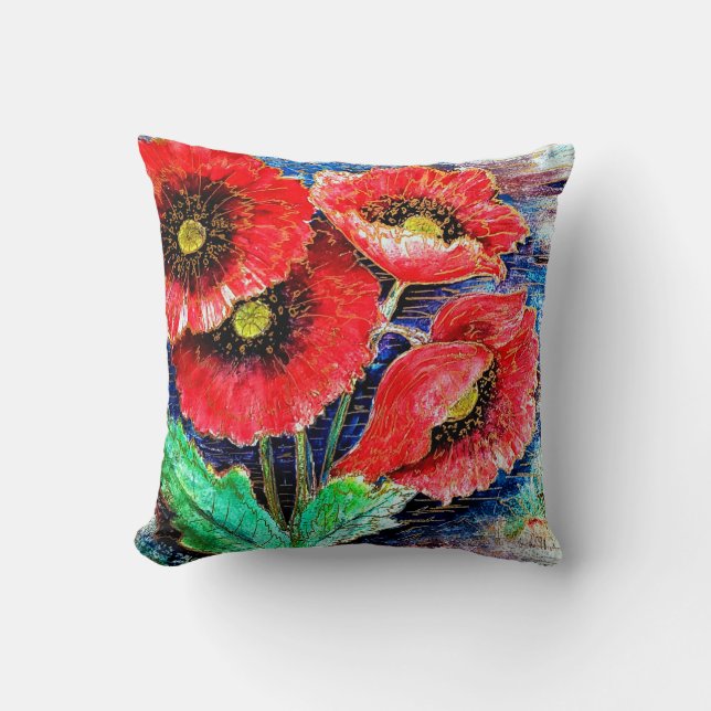 Poppies Watercolor Throw Pillow (Front)