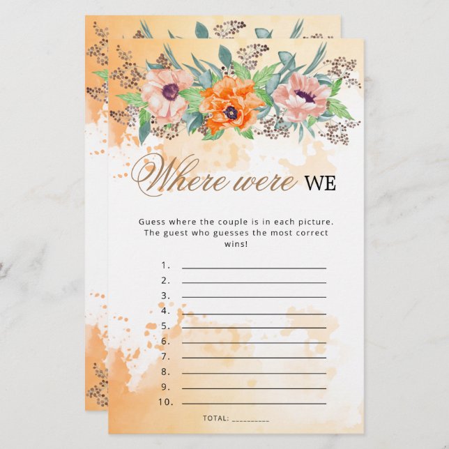 Poppies where were we bridal shower game (Front/Back)