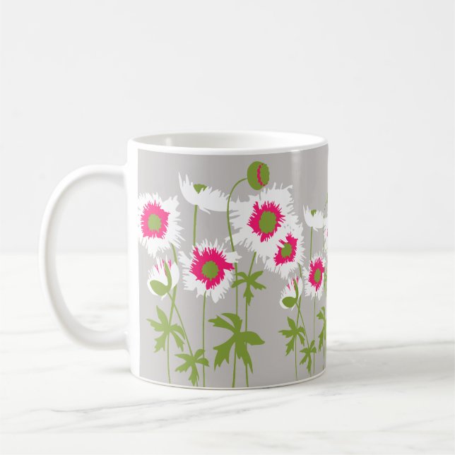 Poppies white,pink and grey graphic art floral mug (Left)