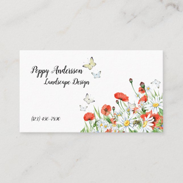 Poppies, Wildflowers, Butterflies Business Card (Front)