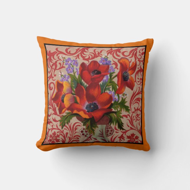 Poppies with an Orange Border Throw Pillow (Front)