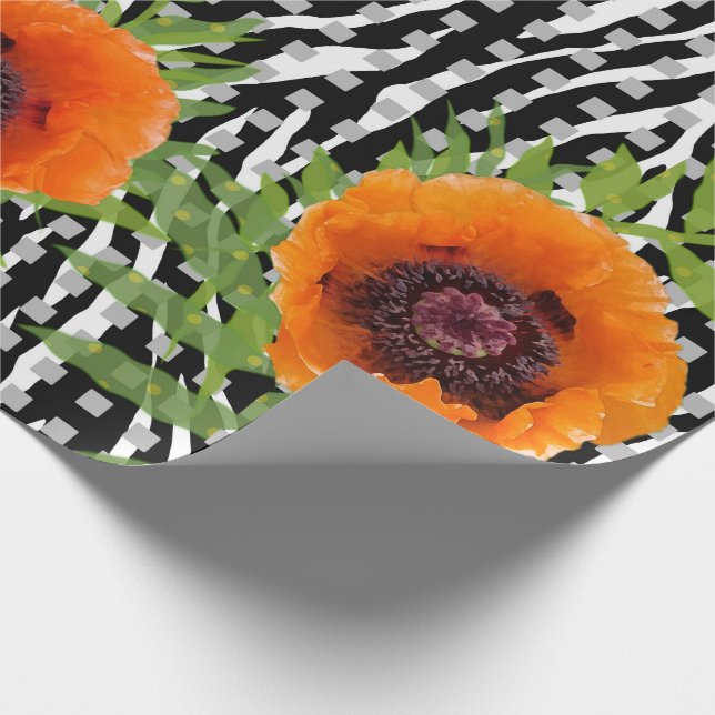Poppies with Black and White Patterns Wrapping Paper (Corner)