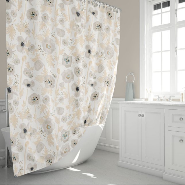 Poppies Yellow Grey Watercolor Floral Print Shower Curtain (Poppies Yellow Gray Watercolor Floral Print Shower Curtain from Studio Posies)
