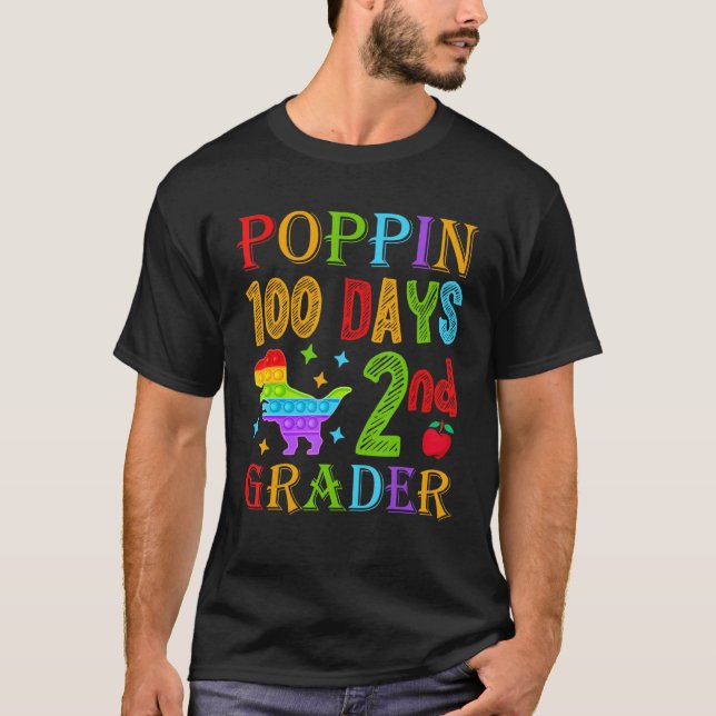 Poppin 100 Days 2nd Grader Dinosaur School Kid T-R T-Shirt (Front)