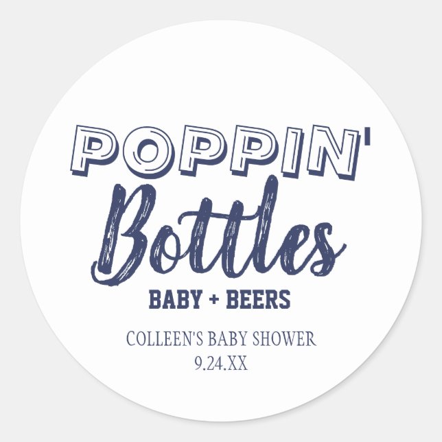 Poppin Bottles Navy Blue Baby Shower Stickers (Front)