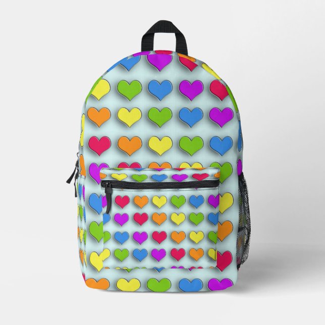Poppin Retro Hearts Fun Rainbow Pattern Printed Backpack (Front)