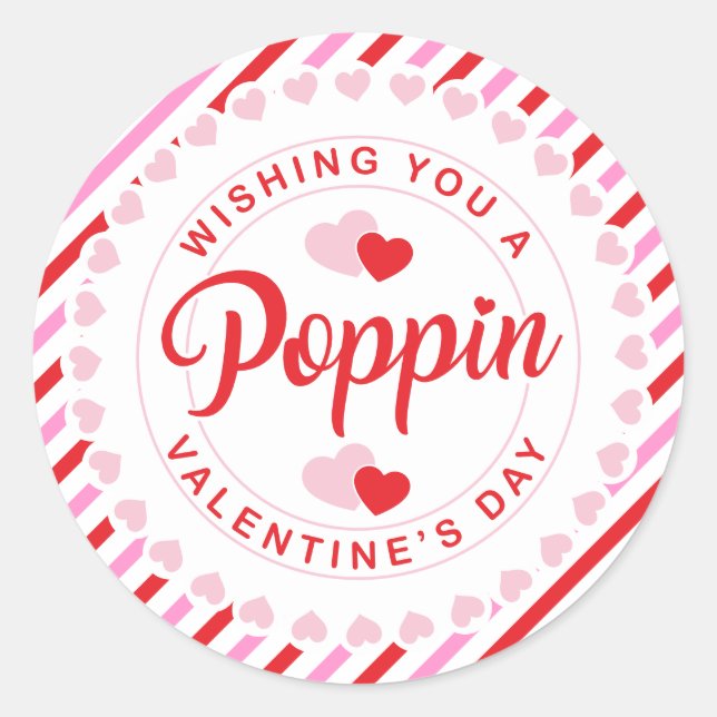 Poppin Valentine's Day Pink and Red Stripe Classic Round Sticker (Front)