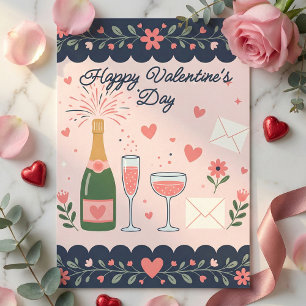Popping Champagne Bottle & Hearts Valentine's Day Holiday Card