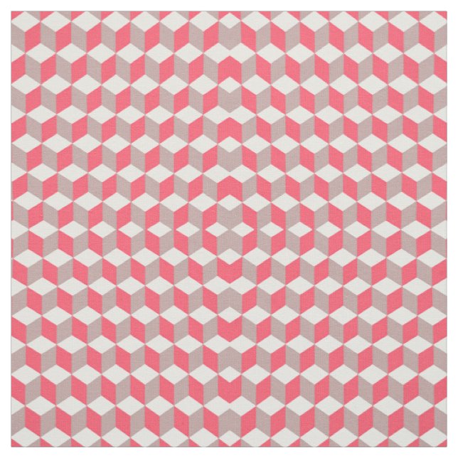 Poppy and Soft Grey Isometric Cube Pattern Fabric (Swatch)