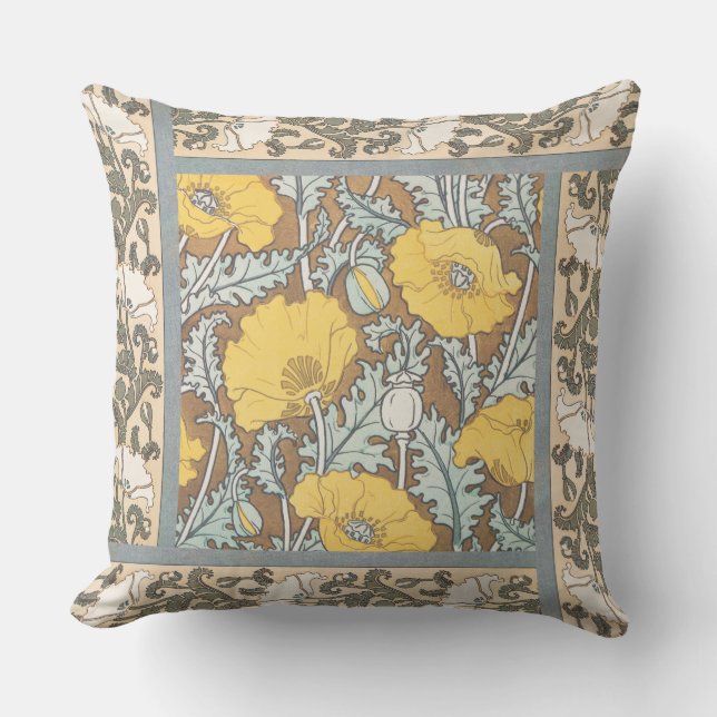 poppy art illustration yellow flower cushion (Front)