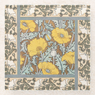poppy art illustration yellow flower glass coaster