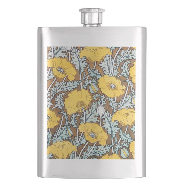 poppy art illustration yellow flower hip flask (Front)