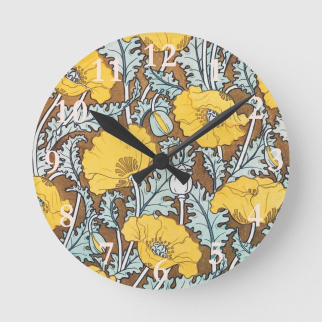 poppy art illustration yellow flower round clock (Front)
