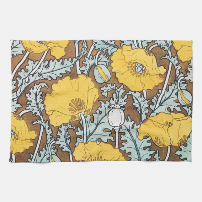 poppy art illustration yellow flower tea towel (Horizontal)