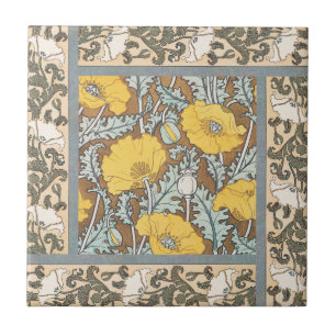 Poppy Art Nouveau Illustration Yellow Flower Ceramic Tile