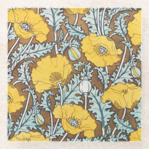 Poppy Art Nouveau Illustration Yellow Flower Glass Coaster
