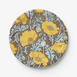 Poppy Art Nouveau Illustration Yellow Flower Paper Plate