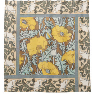 Poppy Art Nouveau Illustration Yellow Flower Shower Curtain