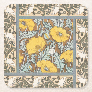 Poppy Art Nouveau Illustration Yellow Flower Square Paper Coaster