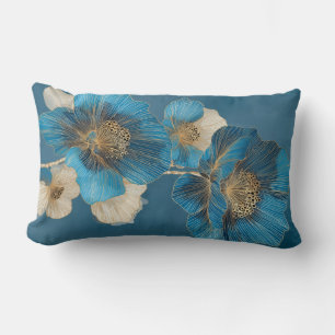 Poppy Botanical Blue Gold Line Art Floral Lumbar Cushion