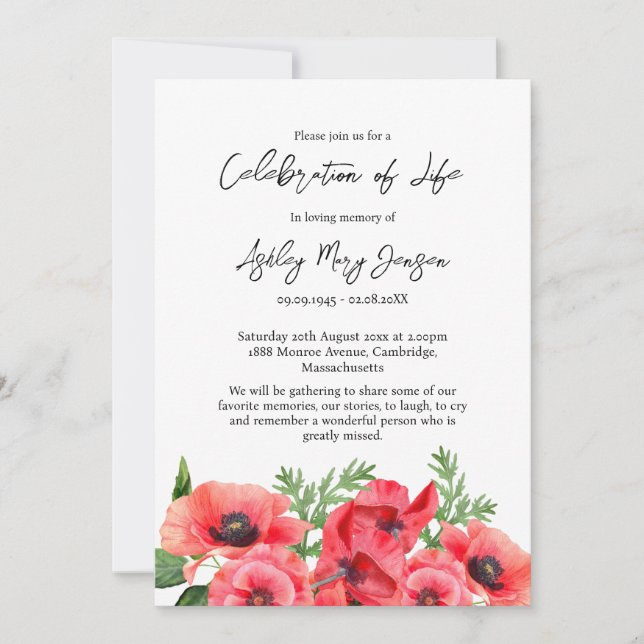 Poppy Celebration of Life Funeral Invitation (Front)