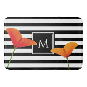 Poppy Chic Black Stripes Monogram Bath Mat