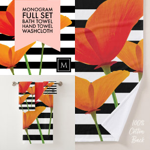 Poppy Chic Black Stripes Monogram Bath Towel Set