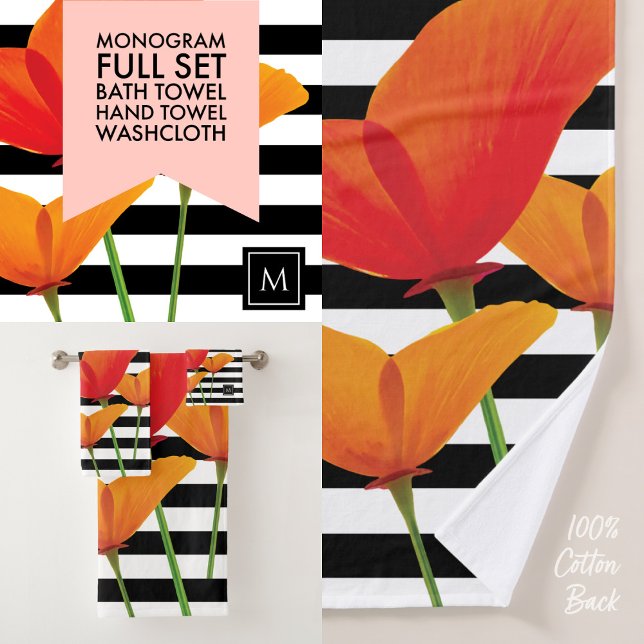 Poppy Chic Black Stripes Monogram Bath Towel Set (Creator Uploaded)