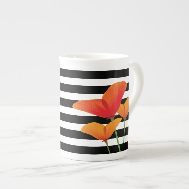 Poppy Chic Black Stripes Monogram Bone China Mug (Front Right)