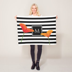 Poppy Chic Black Stripes Monogram Fleece Blanket