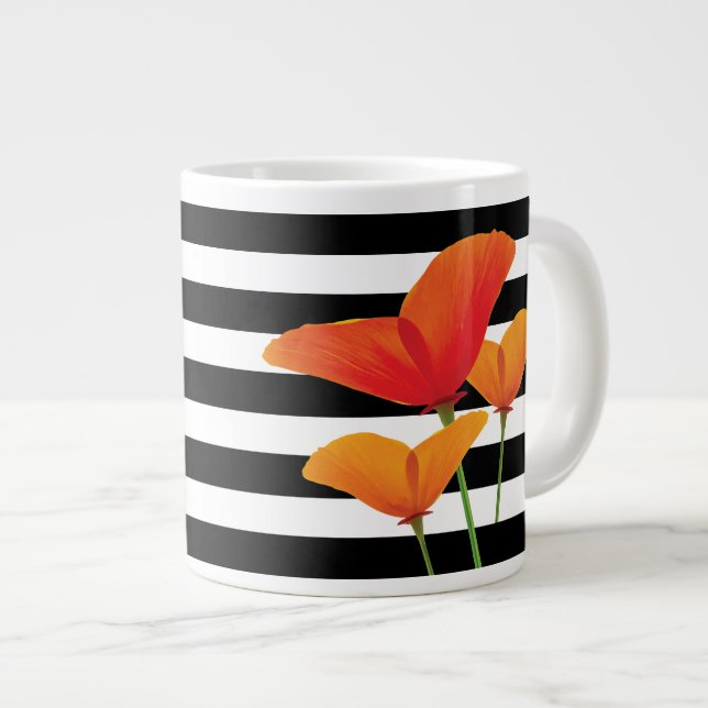 Poppy Chic Black Stripes Monogram Large Coffee Mug (Front Right)