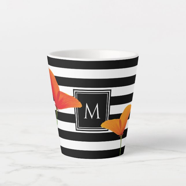 Poppy Chic Black Stripes Monogram Latte Mug (Front)