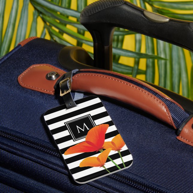 Poppy Chic Black Stripes Monogram Luggage Tag (Front Insitu 1)