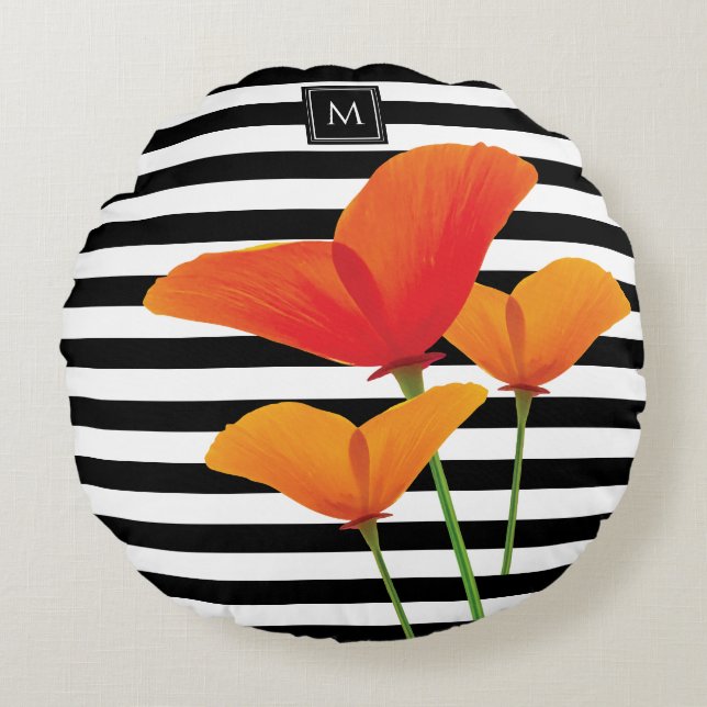 Poppy Chic Black Stripes Monogram Round Cushion (Front)