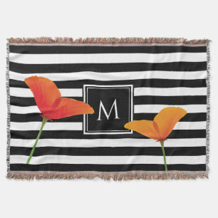 Poppy Chic Black Stripes Monogram Throw Blanket