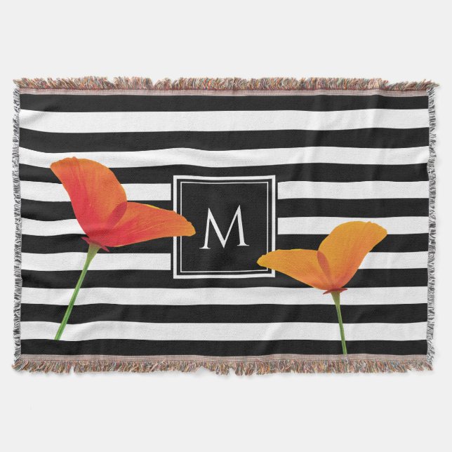 Poppy Chic Black Stripes Monogram Throw Blanket (Front)