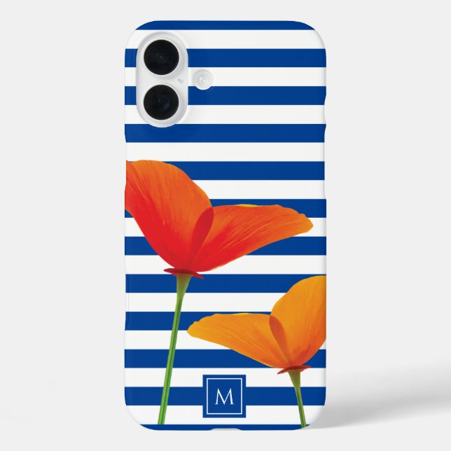 Poppy Chic Blue Stripes Monogram Case-Mate iPhone Case (Back)