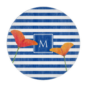 Poppy Chic Blue Stripes Monogram Cutting Board