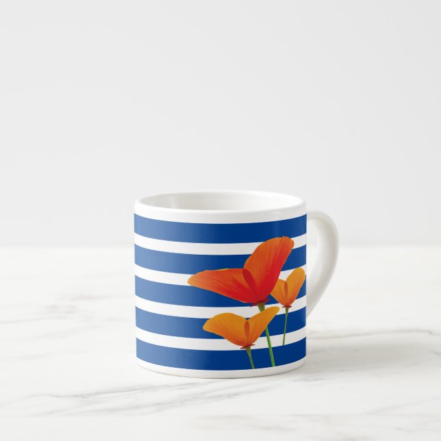 Poppy Chic Blue Stripes Monogram Espresso Cup (Front Right)
