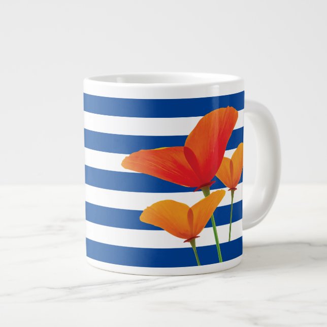 Poppy Chic Blue Stripes Monogram Large Coffee Mug (Front Right)