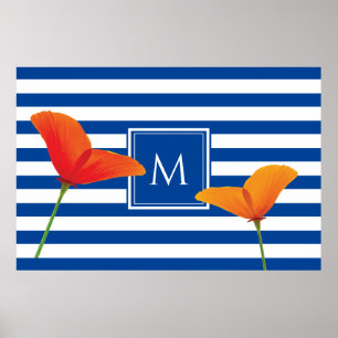 Poppy Chic Blue Stripes Monogram Poster