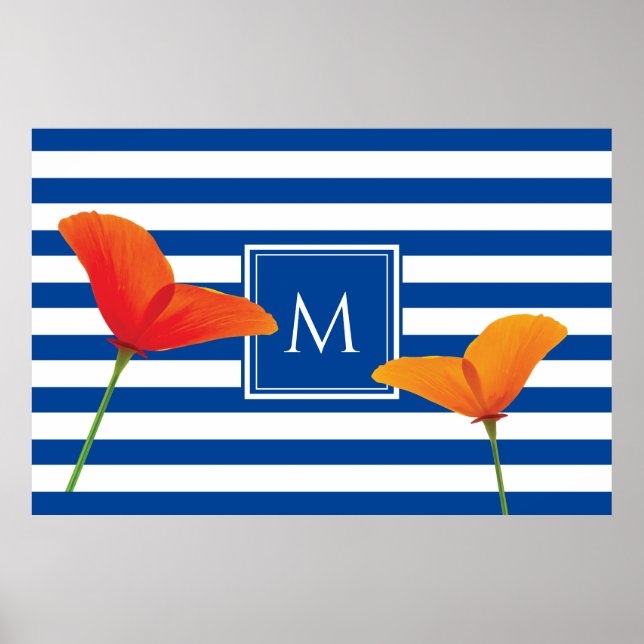 Poppy Chic Blue Stripes Monogram Poster (Front)