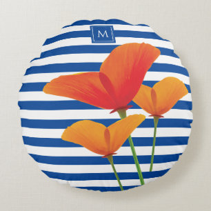 Poppy Chic Blue Stripes Monogram Round Cushion