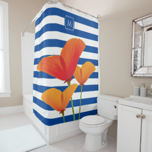 Poppy Chic Blue Stripes Monogram Shower Curtain