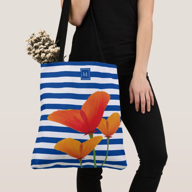 Poppy Chic Blue Stripes Monogram Tote Bag (Close Up)