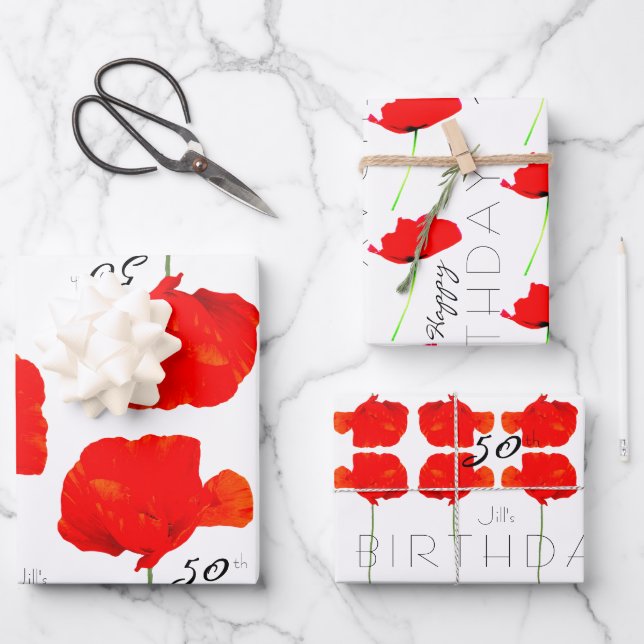 POPPY Collection 50th Birthday personalised WPS3 Wrapping Paper Sheet (Front)